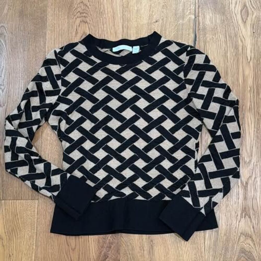 Womens BOSS Hugo Boss Fadenia Black Beige Lattice Geometric Knit Merino Sweater - Picture 1 of 7